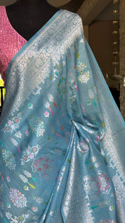 Tussar Silk Banarasi- Light Firozi Blue Silver Zari