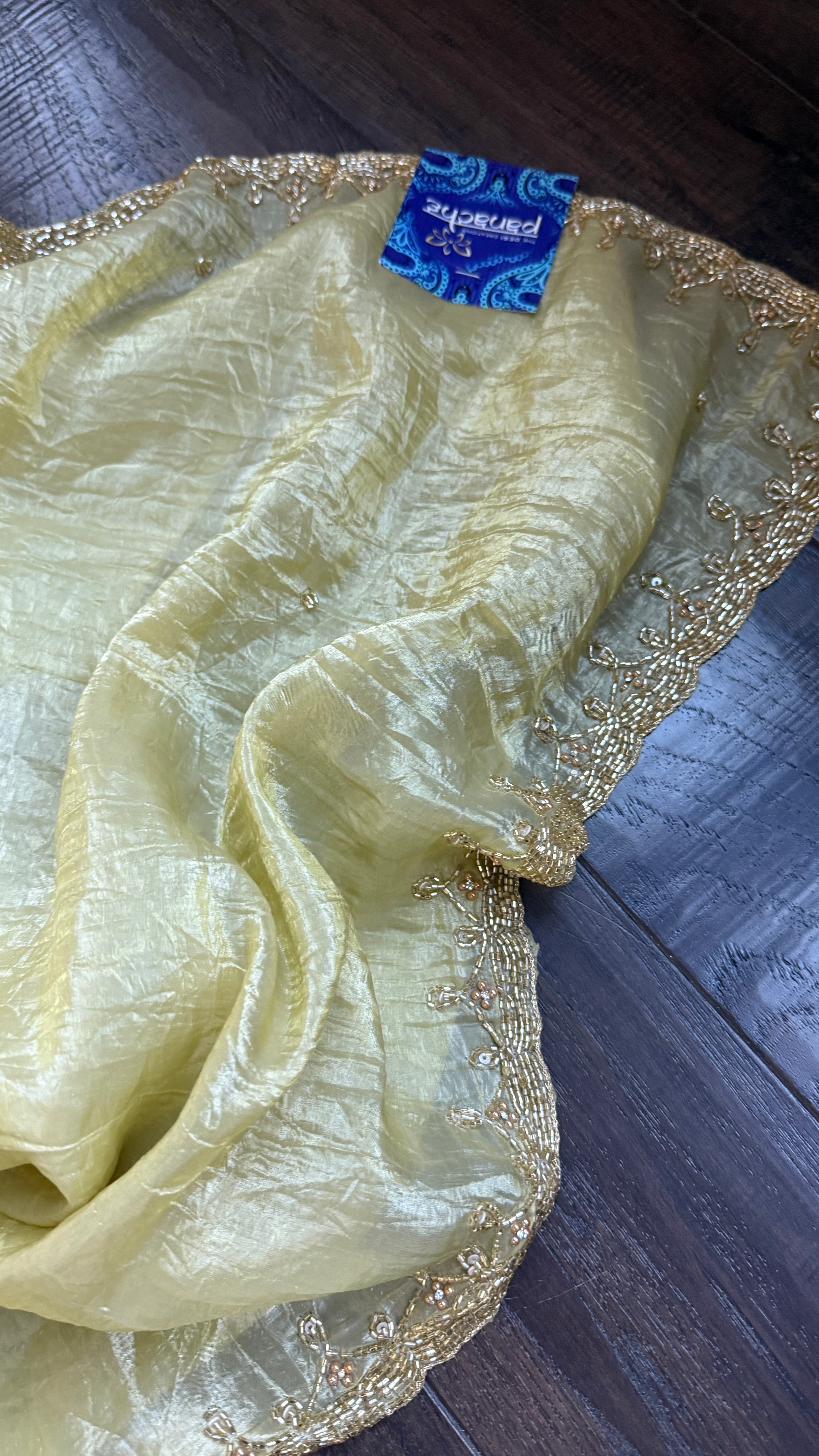 Designer Crushed Tissue Silk - Light Pista Embroidered