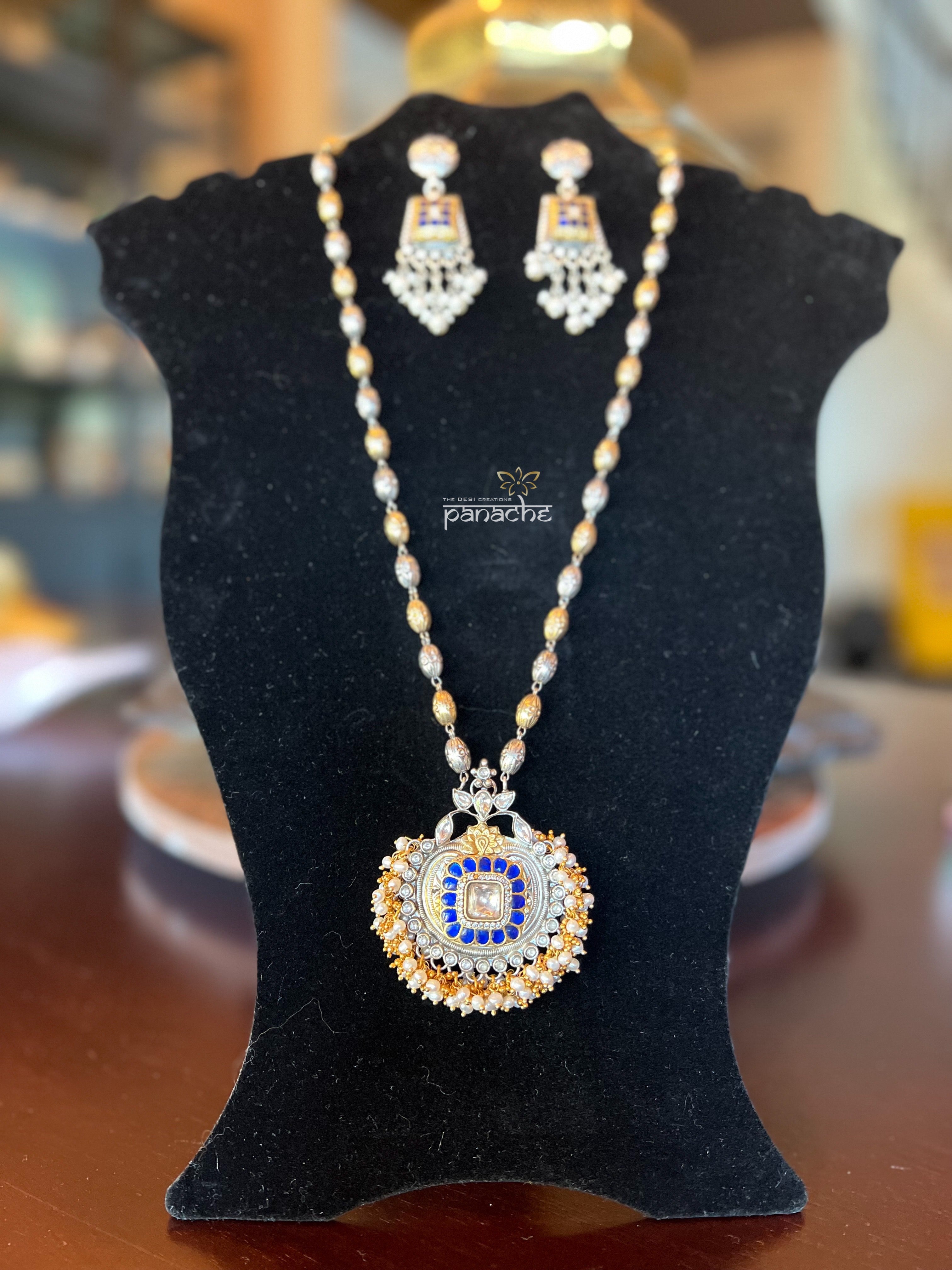 Silver Long Necklace - Blue Kundan Pendant