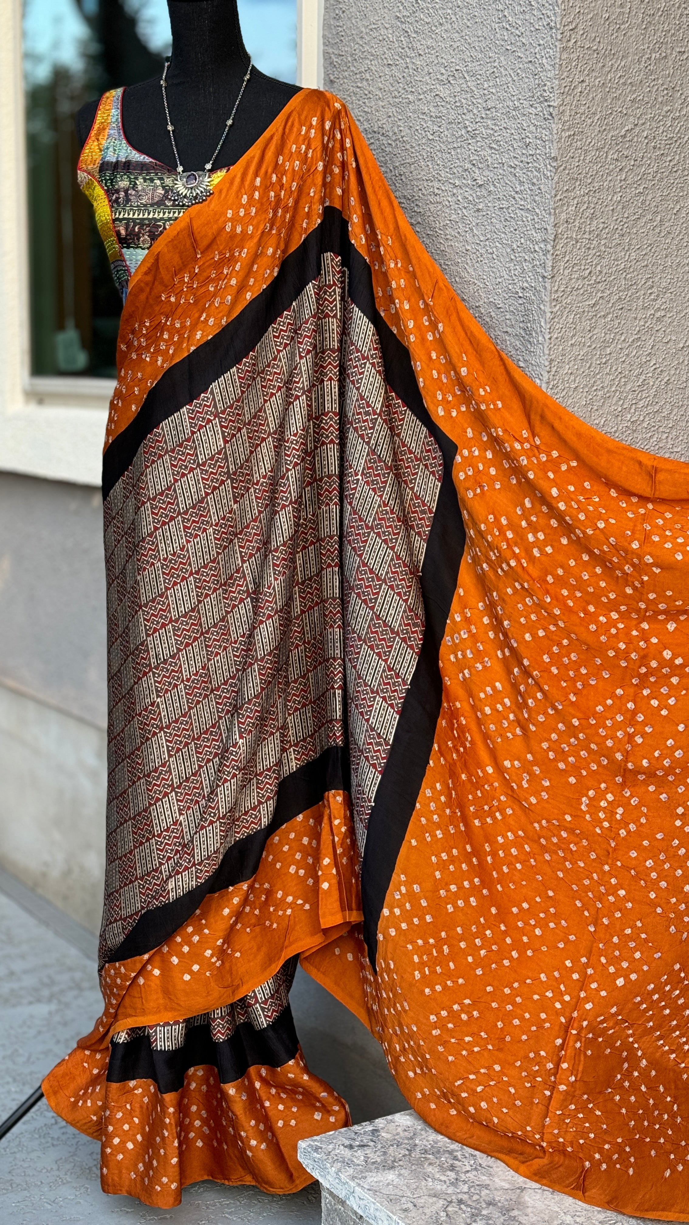 Modal Silk Ajrakh Bandhej - Light Brown