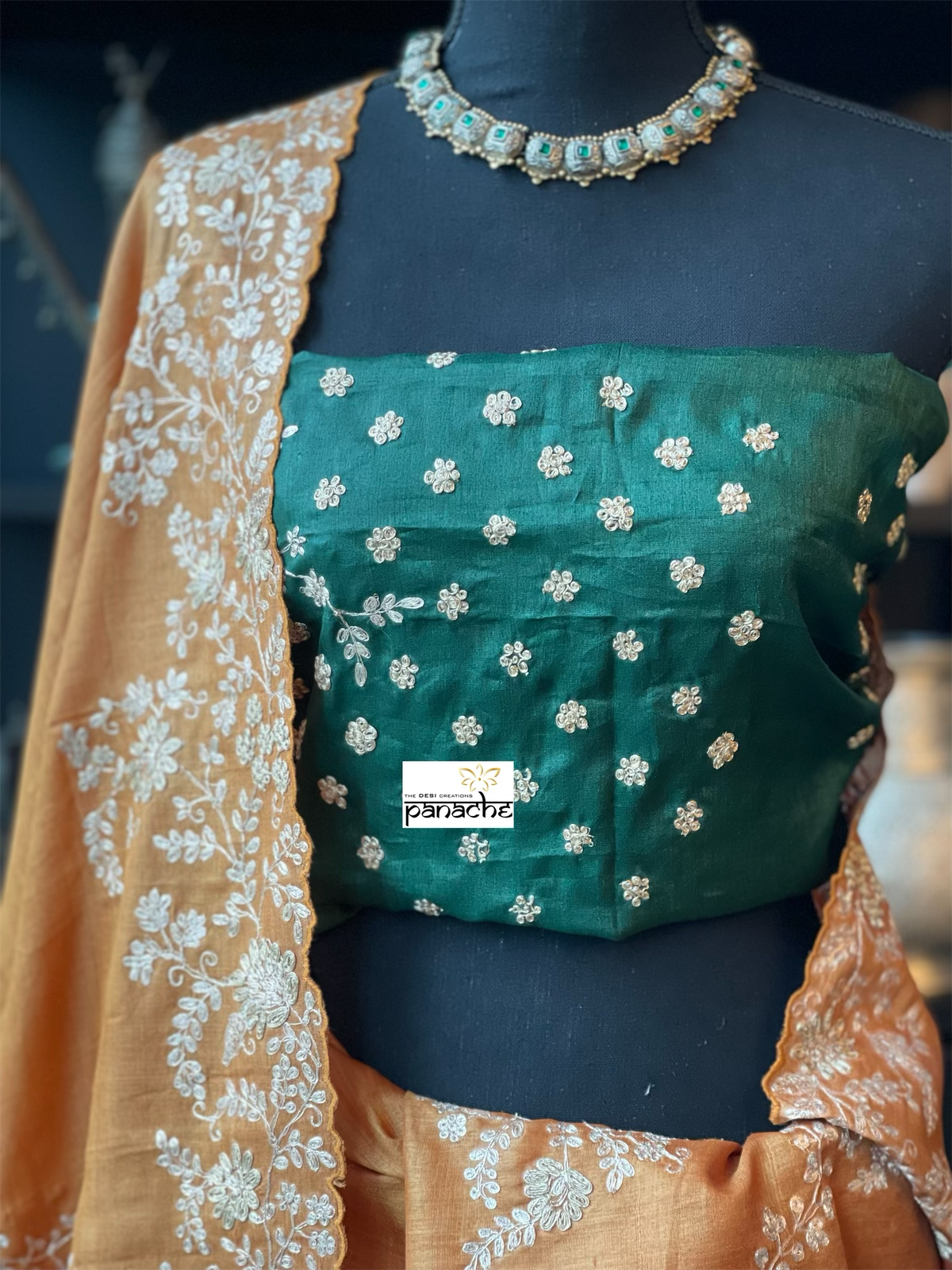 Designer Tussar Silk - Sunrise Orange Green Leheriya Hand Embroidered