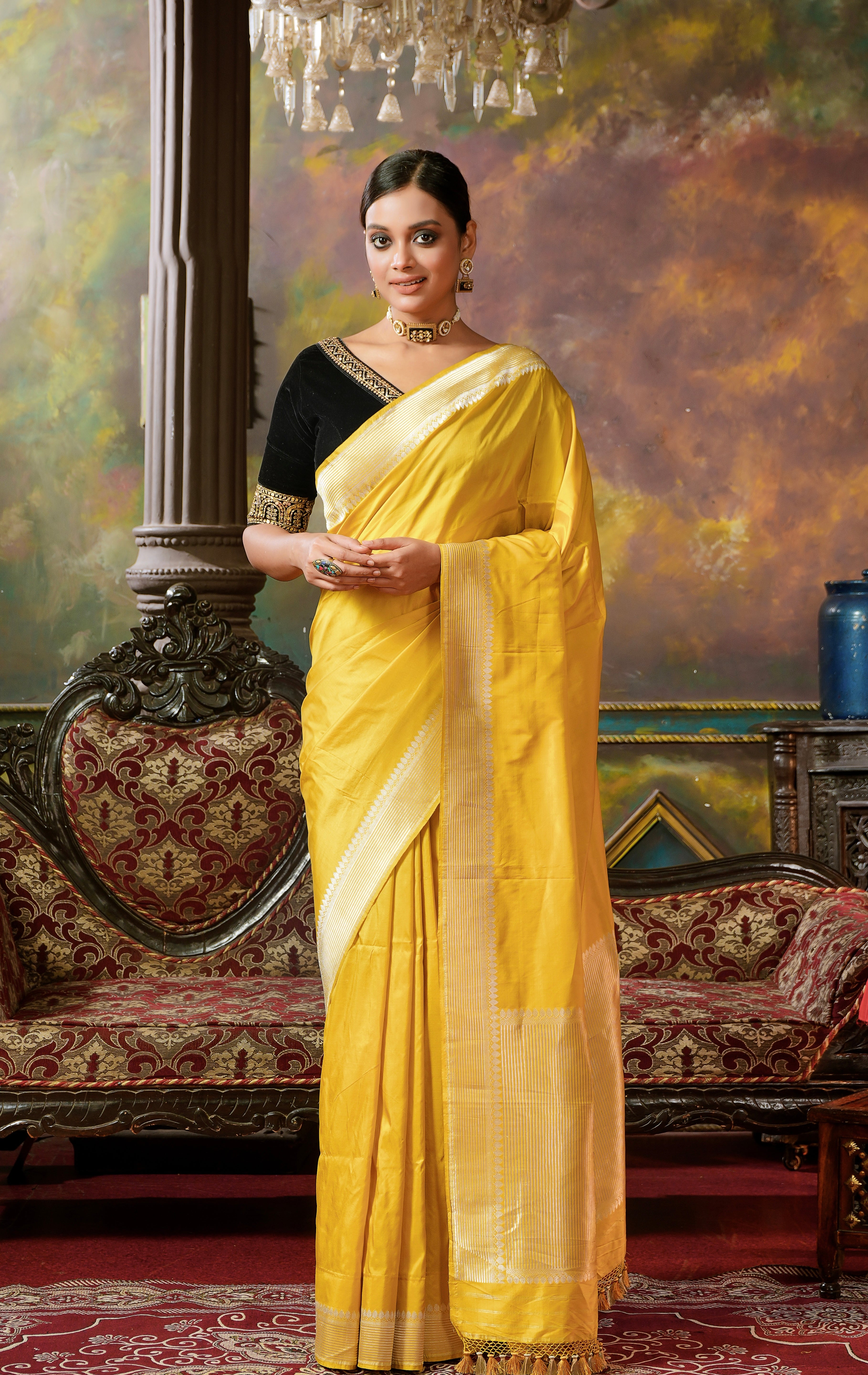 Pure Katan Silk Kadhua Banarasi - Lemon Ochre Yellow