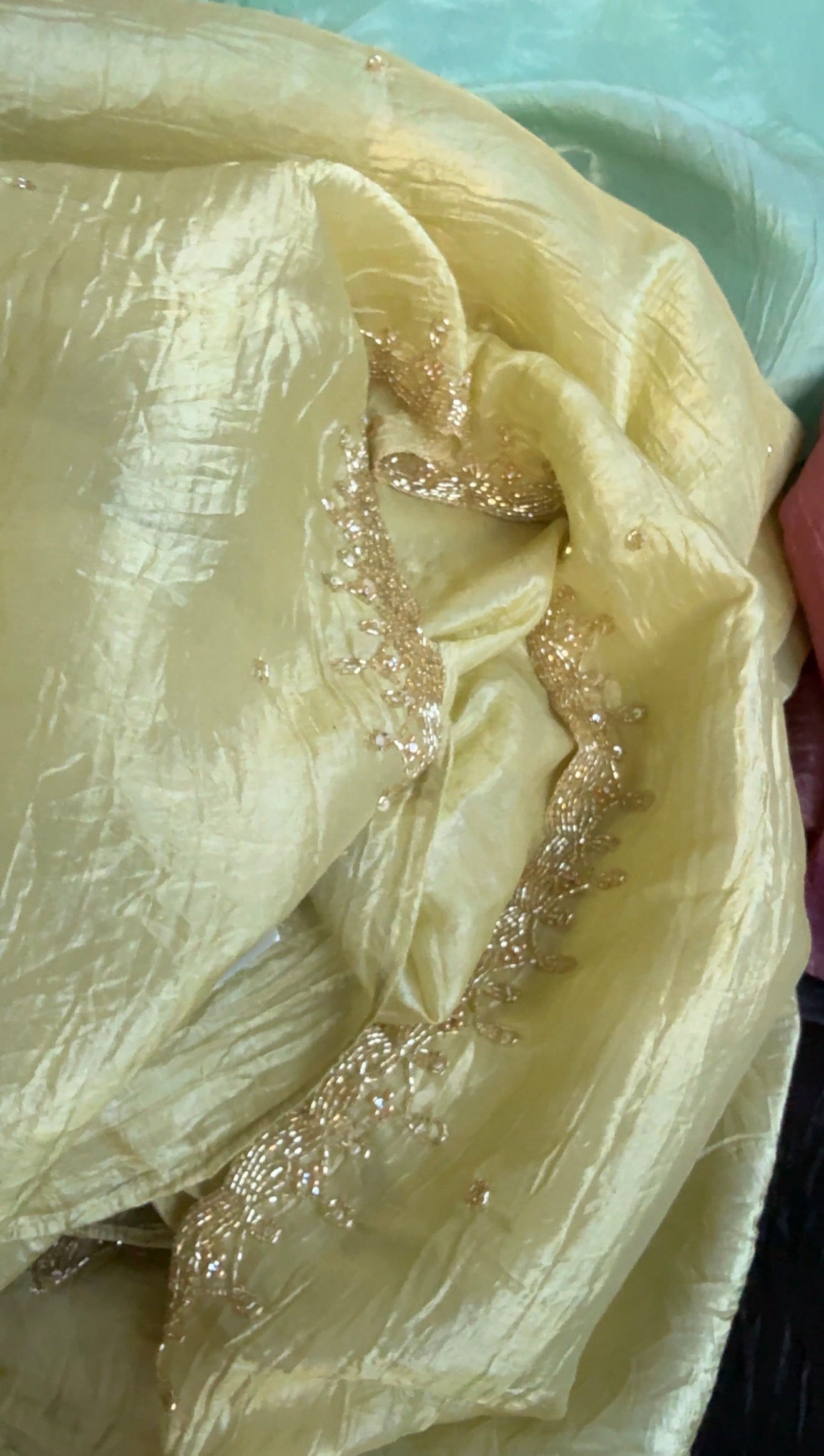 Designer Crushed Tissue Silk - Light Pista Embroidered