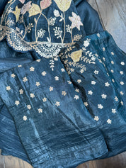 Designer Crushed Tissue Silk - Teal Blue Pitta Embroidered