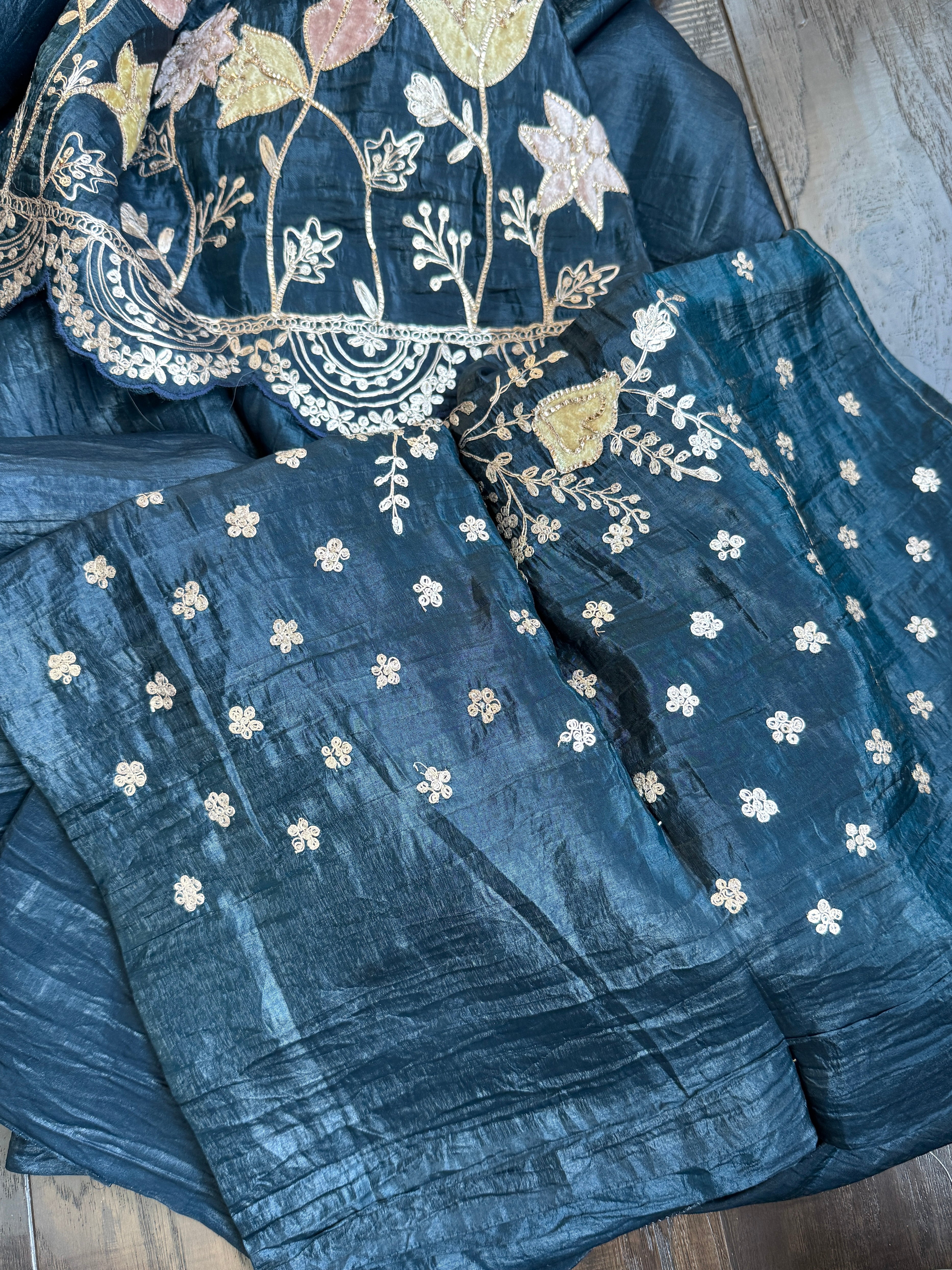 Designer Crushed Tissue Silk - Teal Blue Pitta Embroidered