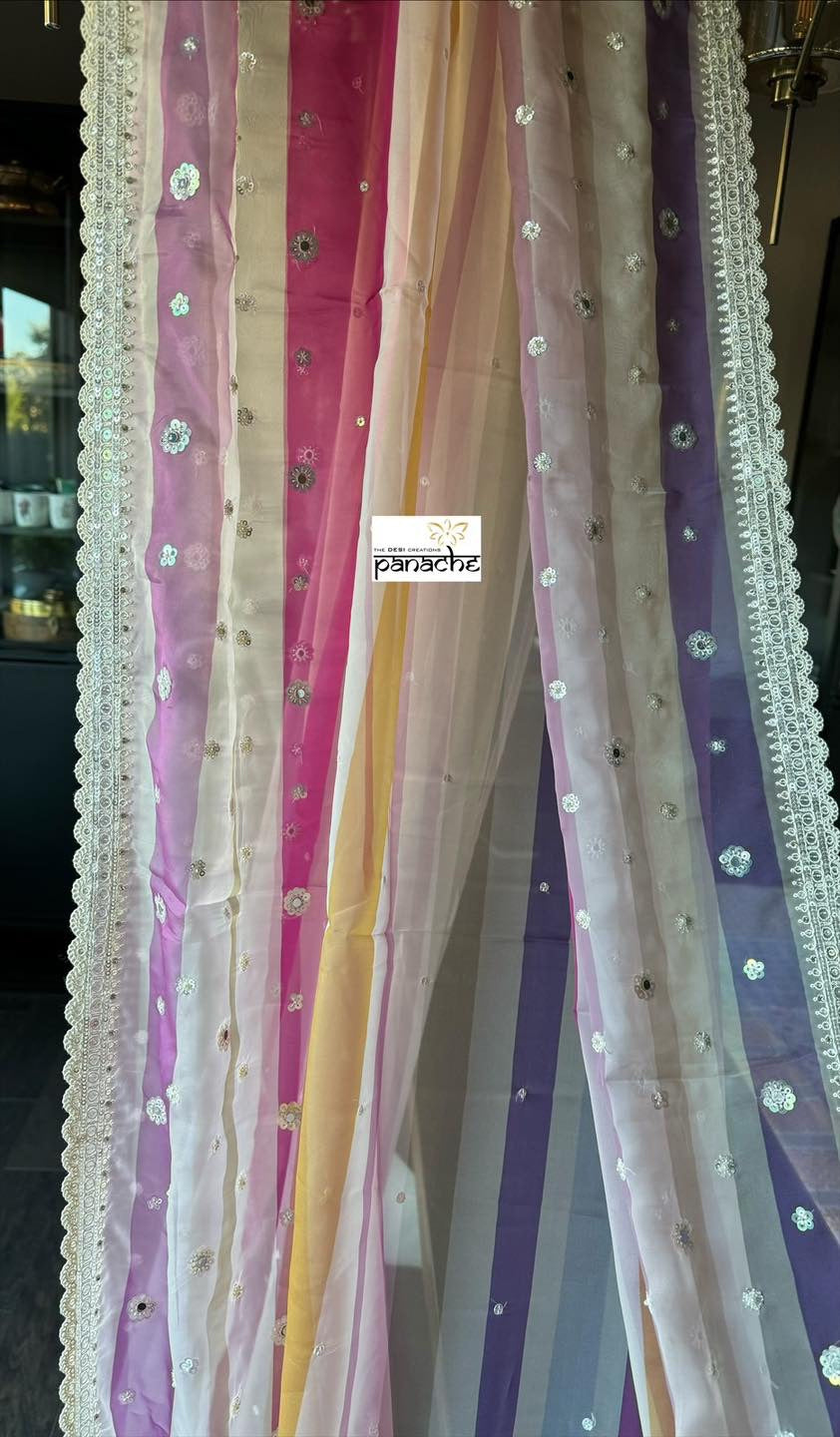 Designer Georgette Organza - Off White Multi Color Hand Embroidered