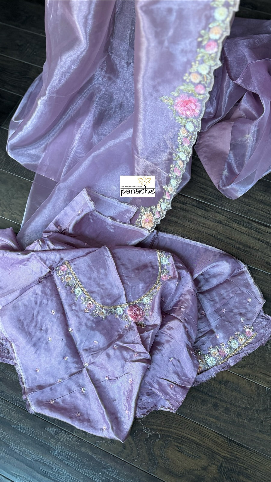 Designer Tissue Organza Hand Embroidered - Mauve Multi Color