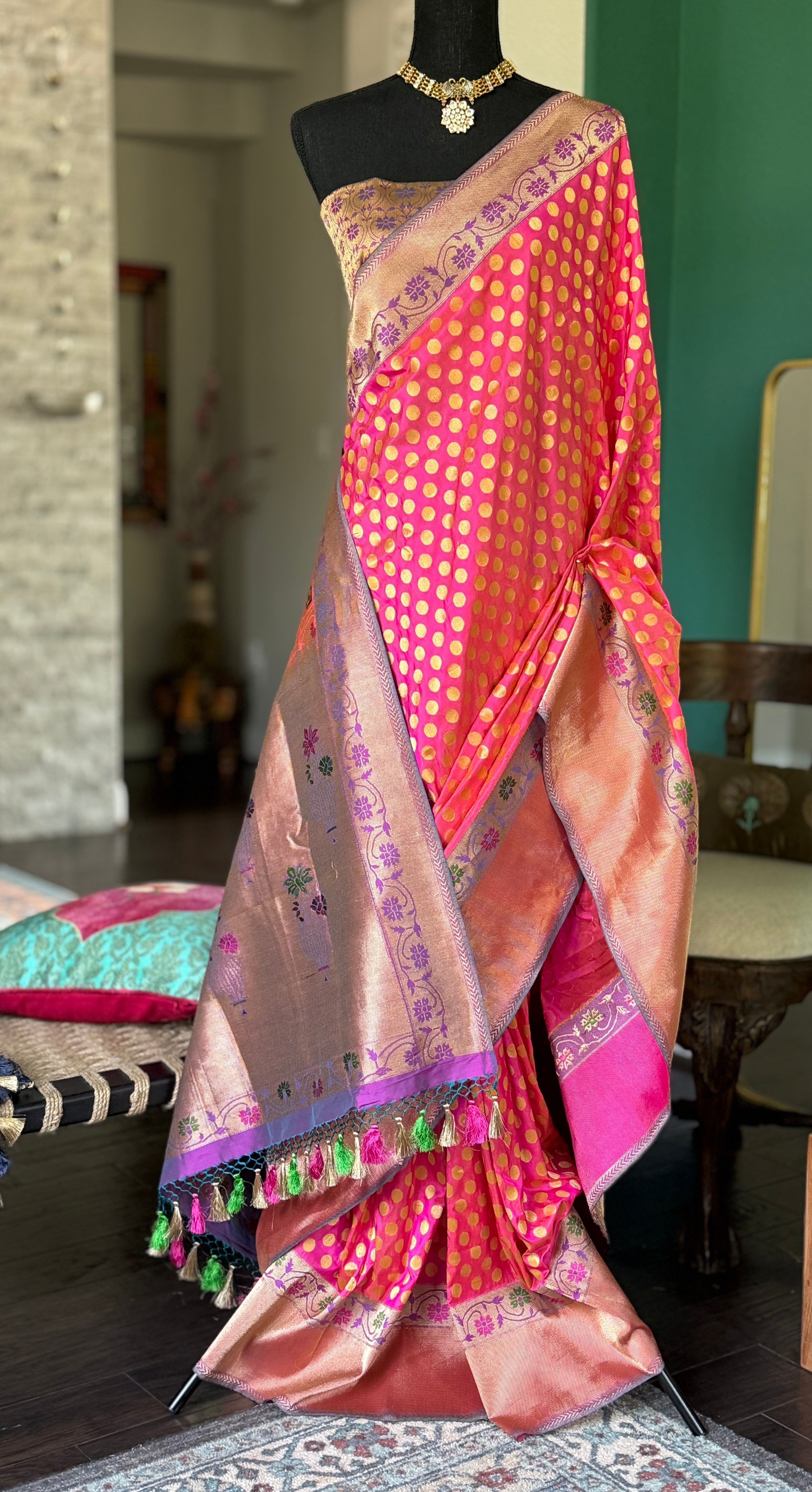 Katan Silk Banarasi - Shot Pink Paithani Woven