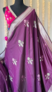 Soft Silk Banaras Saree - Plum Meenakari