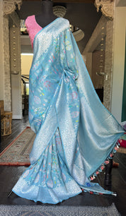 Tussar Silk Banarasi- Light Firozi Blue Silver Zari