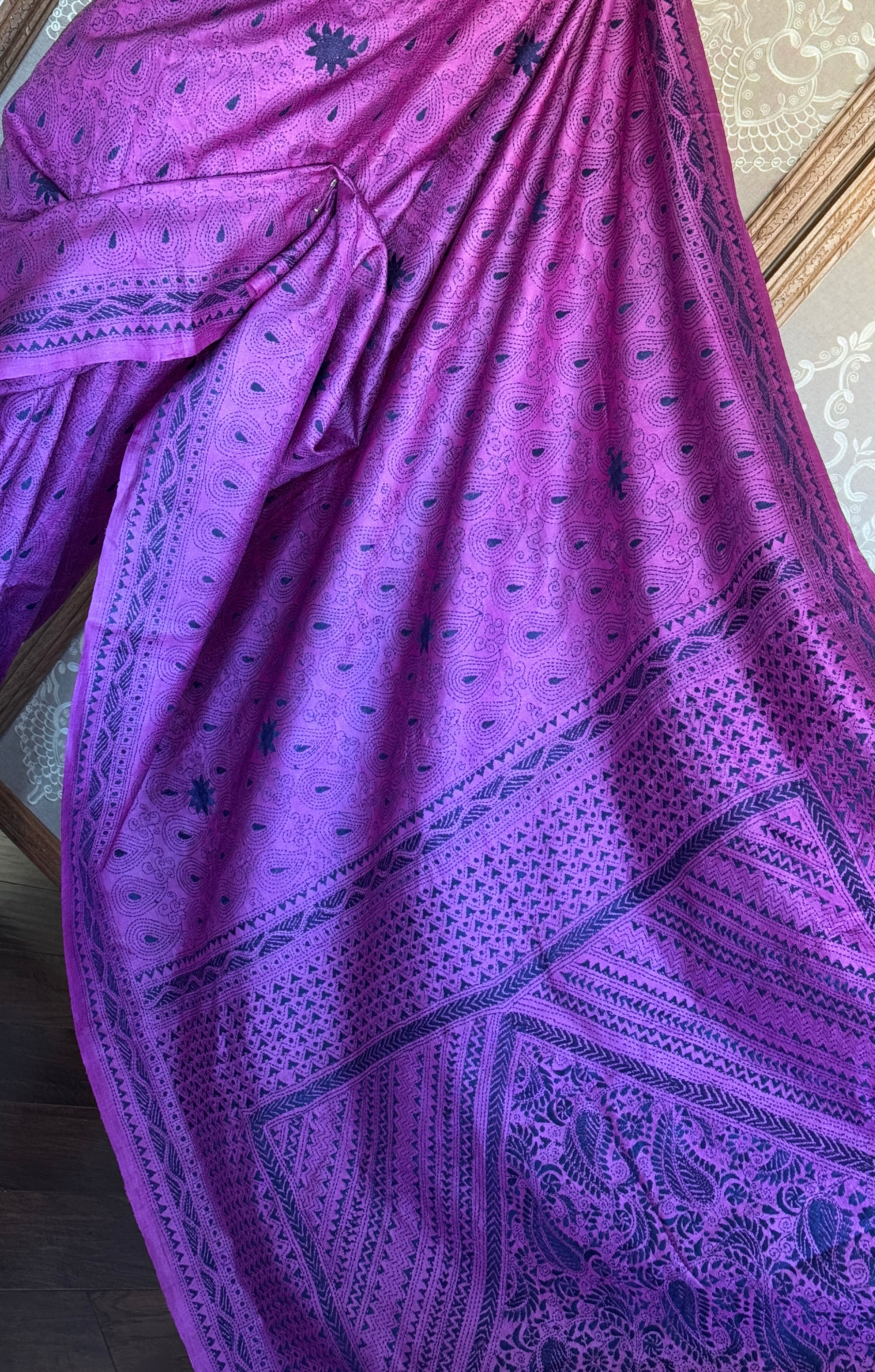 Pure Tussar Silk Kantha Stitch -  Magenta Purple Blue
