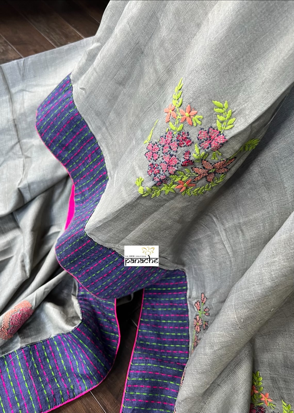 Designer Tussar Silk Embroidered - Grey Purple Green Masaba Inspired