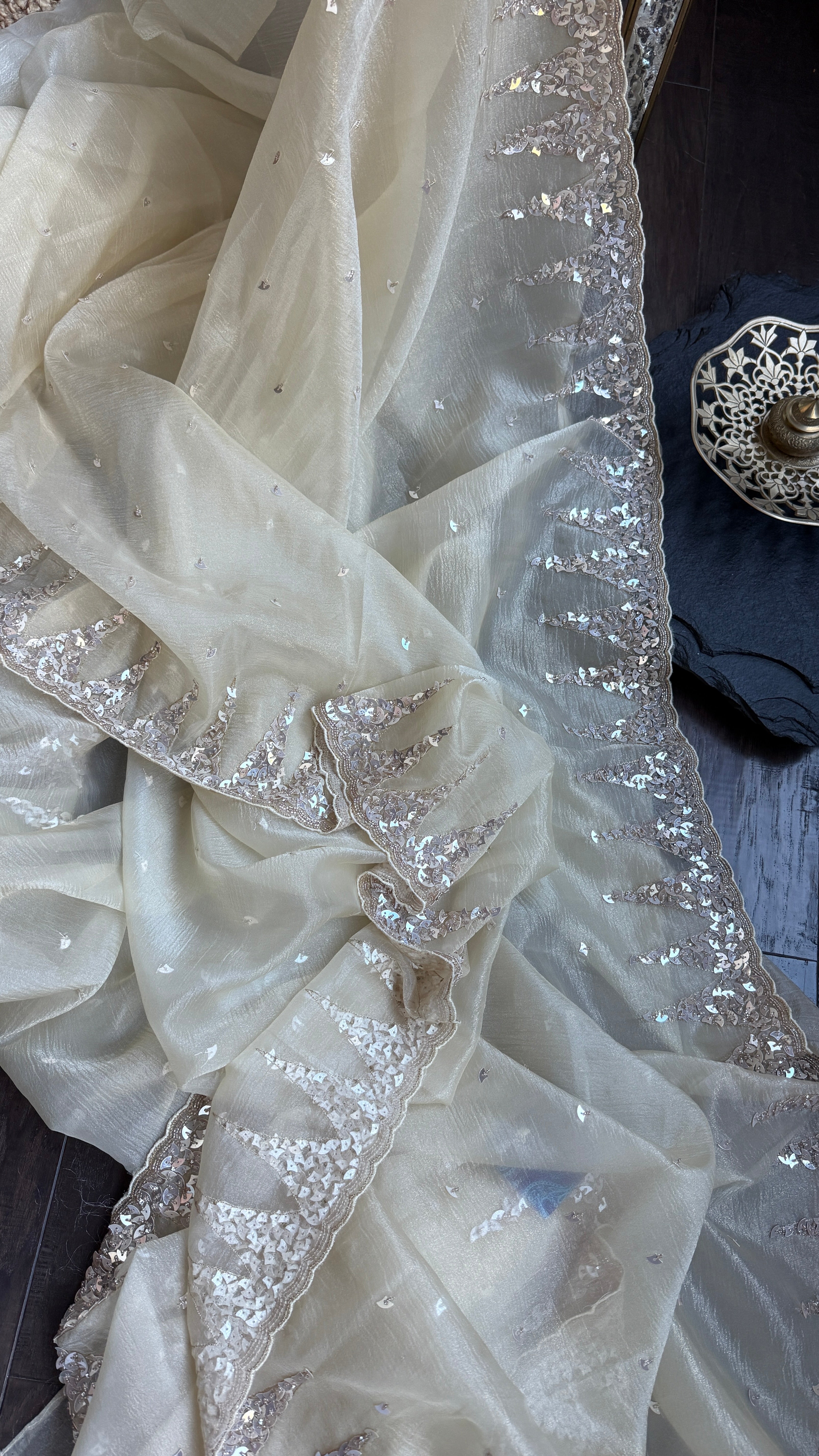 Designer Crushed Chiffon - Light Butter Yellow Sequin Hand Work