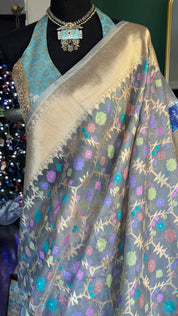 Pure Kora Silk Jamdaani Banarasi - Grey Golden Antique Zari