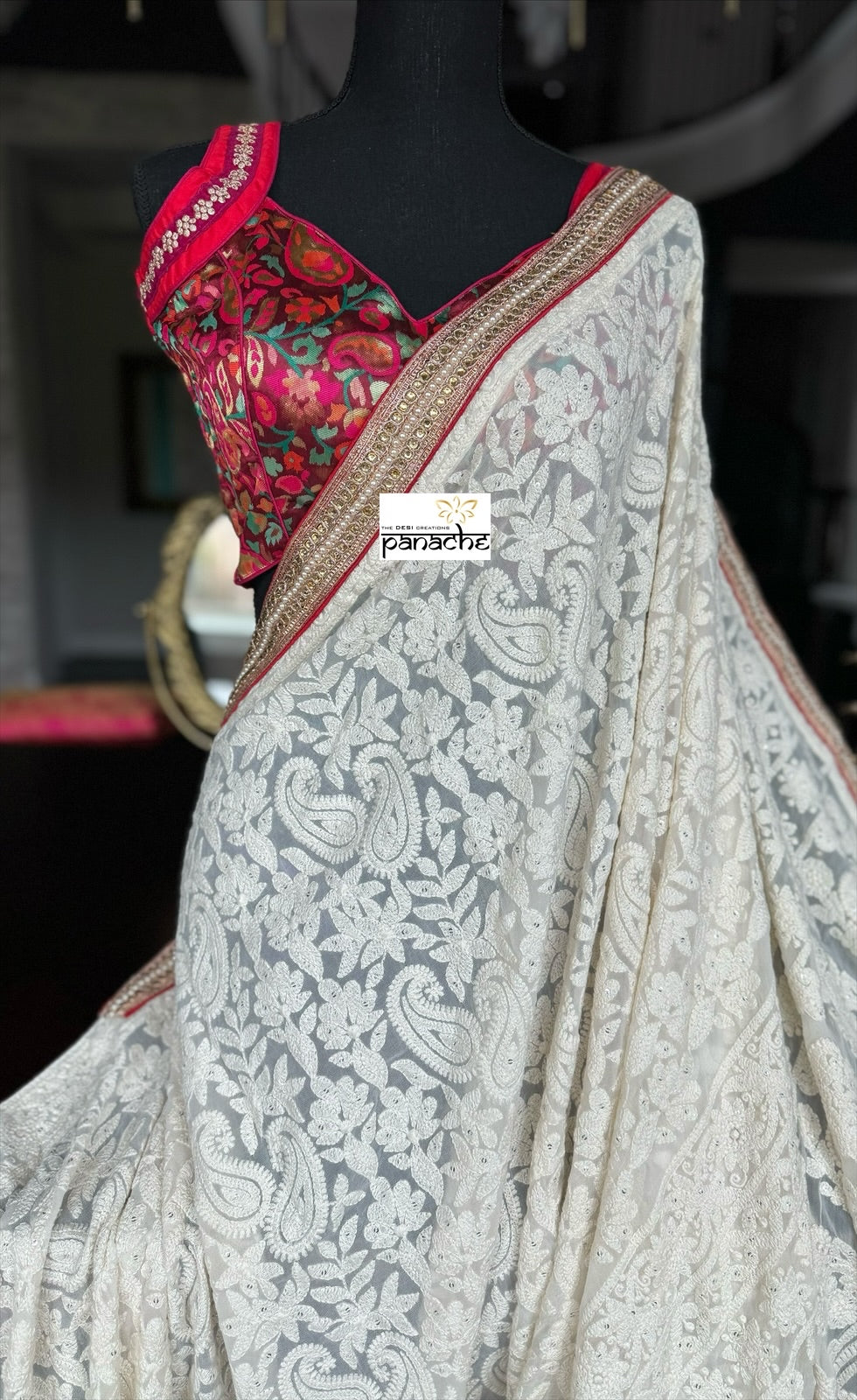 Designer Pure Georgette Chikankari - Ivory Paisley Gota Patti