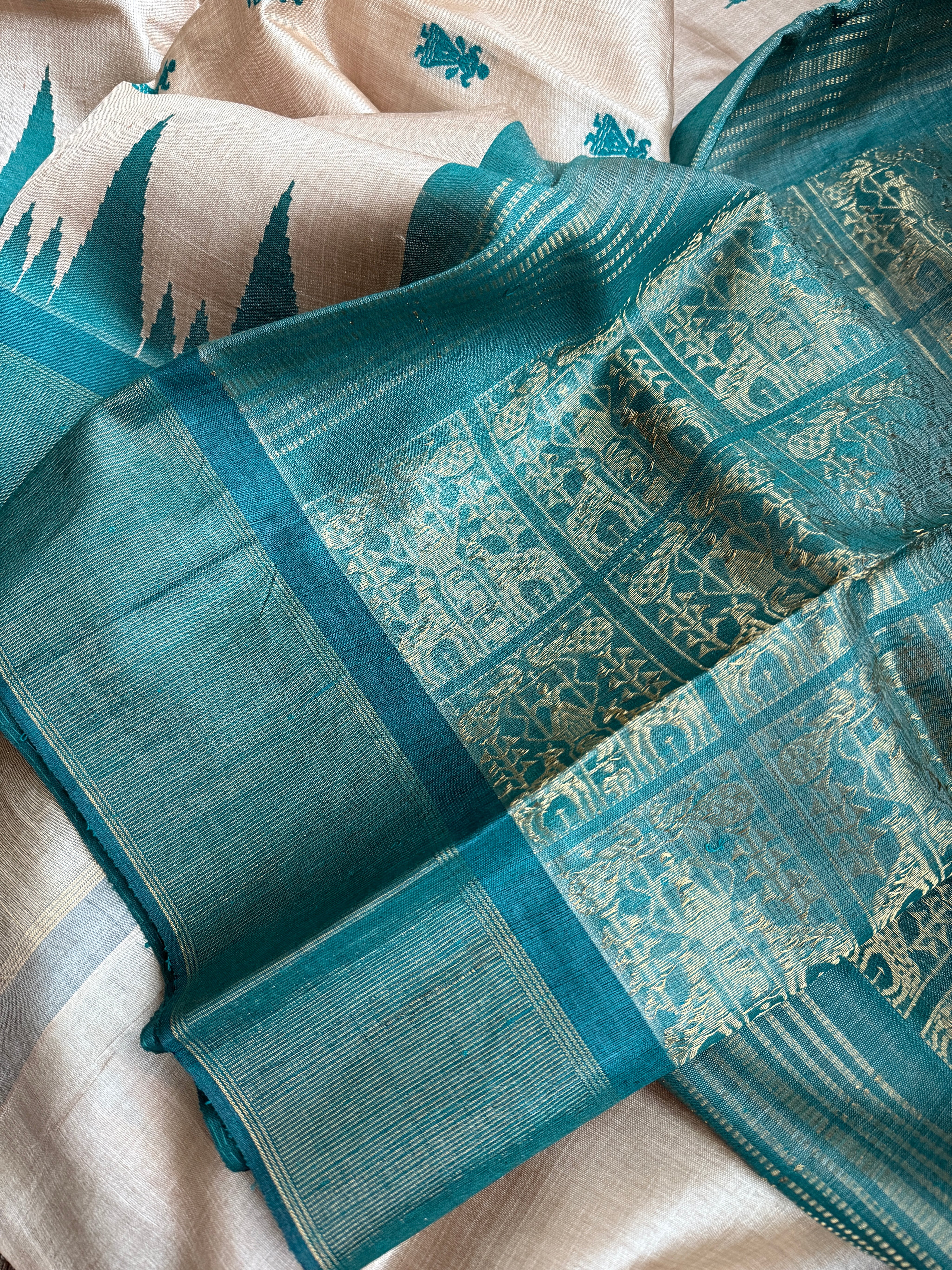 Pure Tussar Silk - Beige Teal Green
