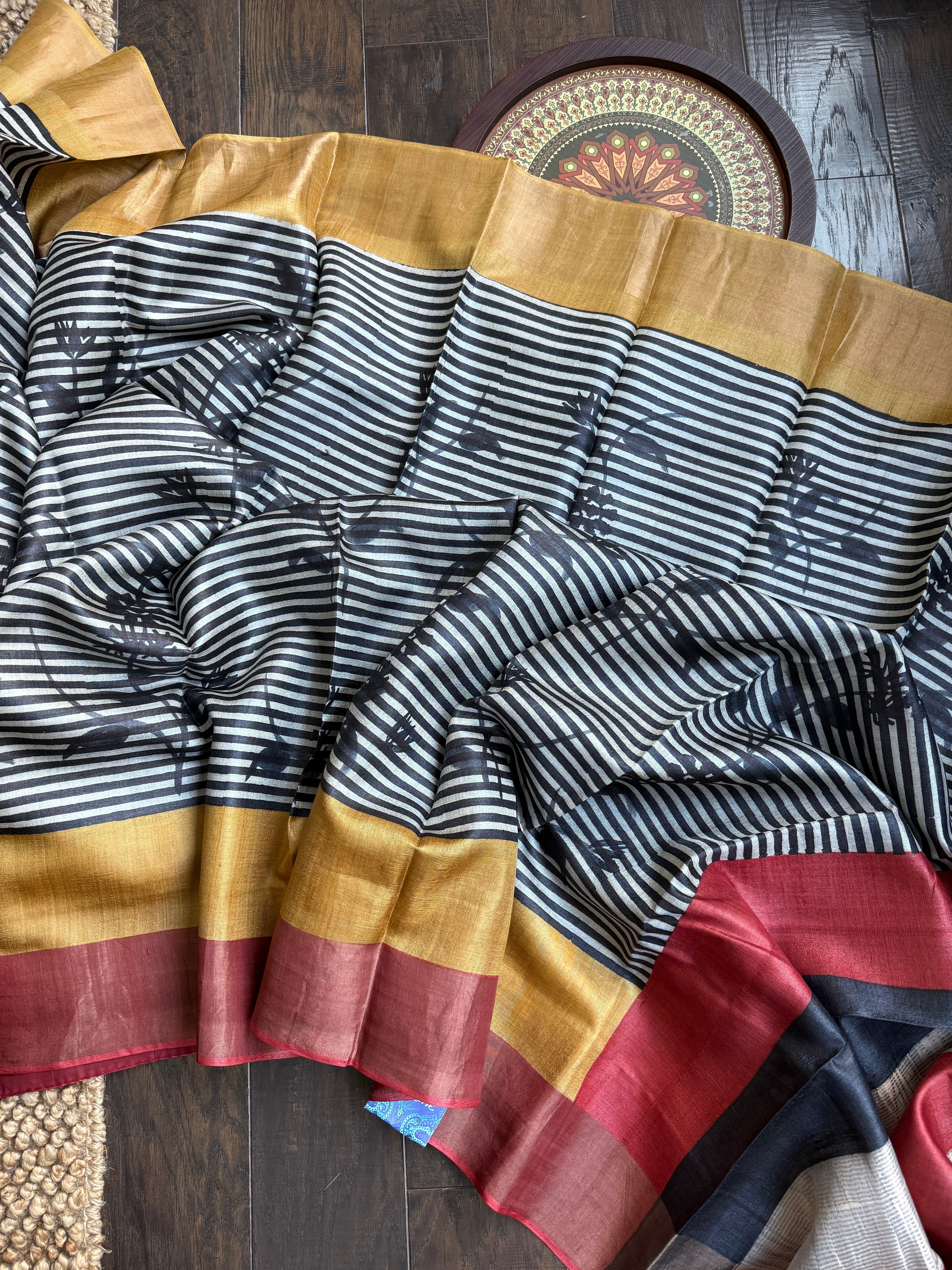 Pure Tussar Silk - Black Red Yellow