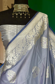 Pure Katan Silk Banarasi - Bluish Grey Meenakari Kadwa