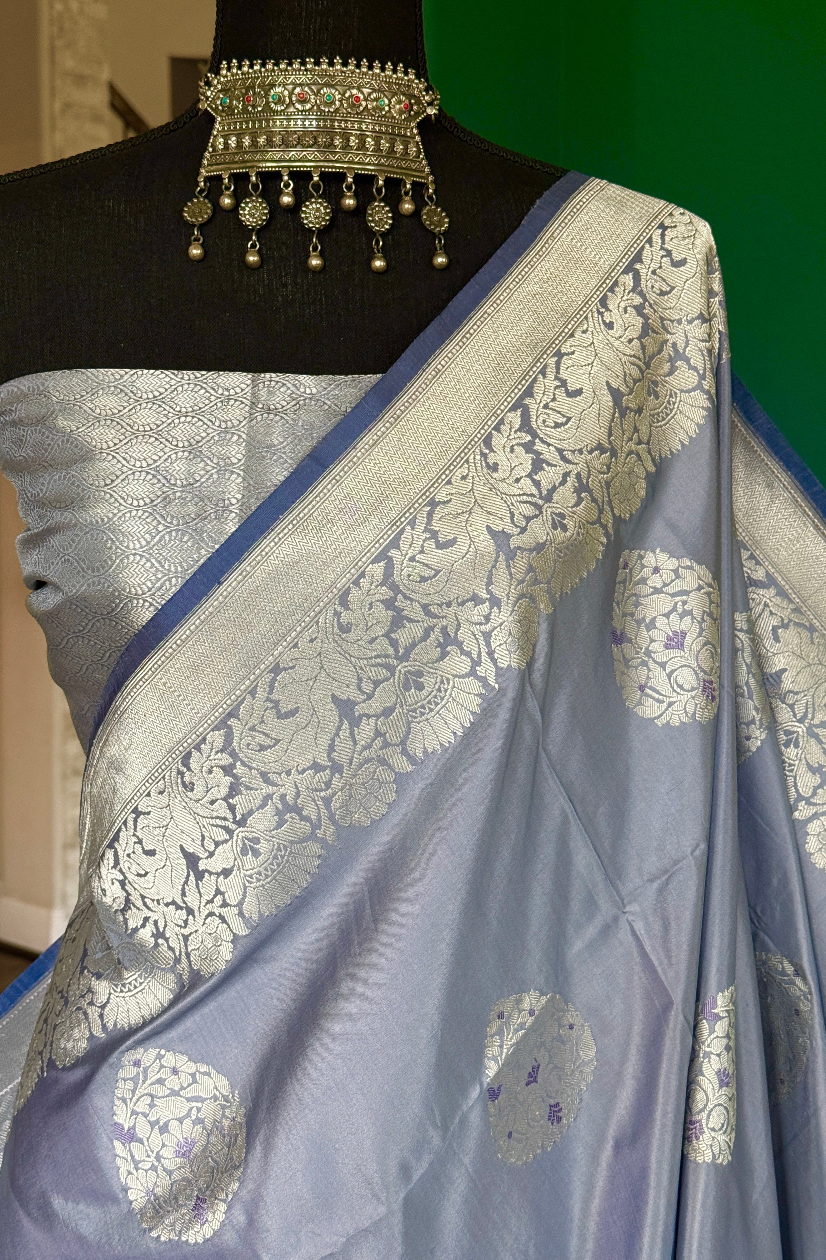 Pure Katan Silk Banarasi - Bluish Grey Meenakari Kadwa