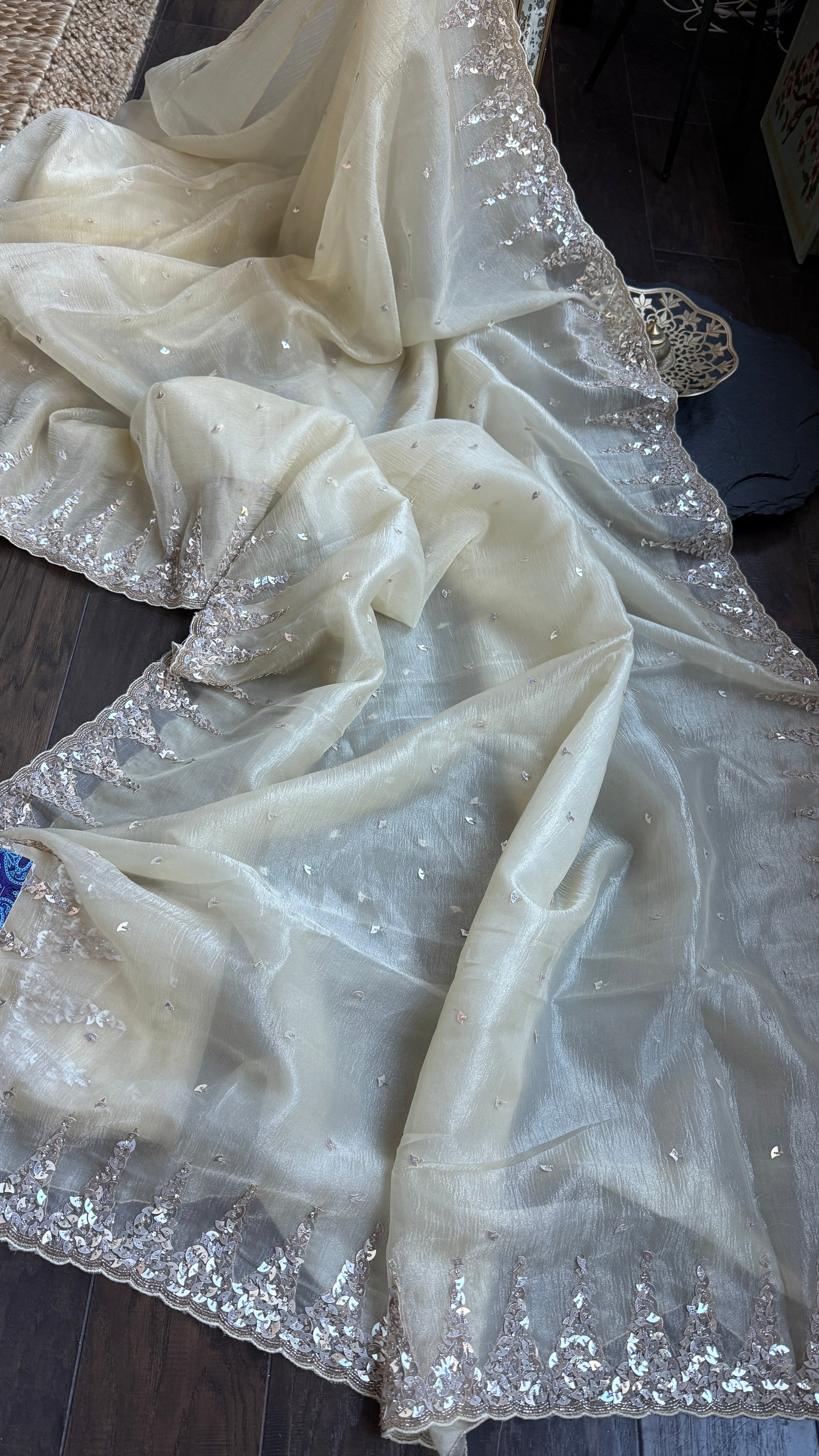 Designer Crushed Chiffon - Light Butter Yellow Sequin Hand Work