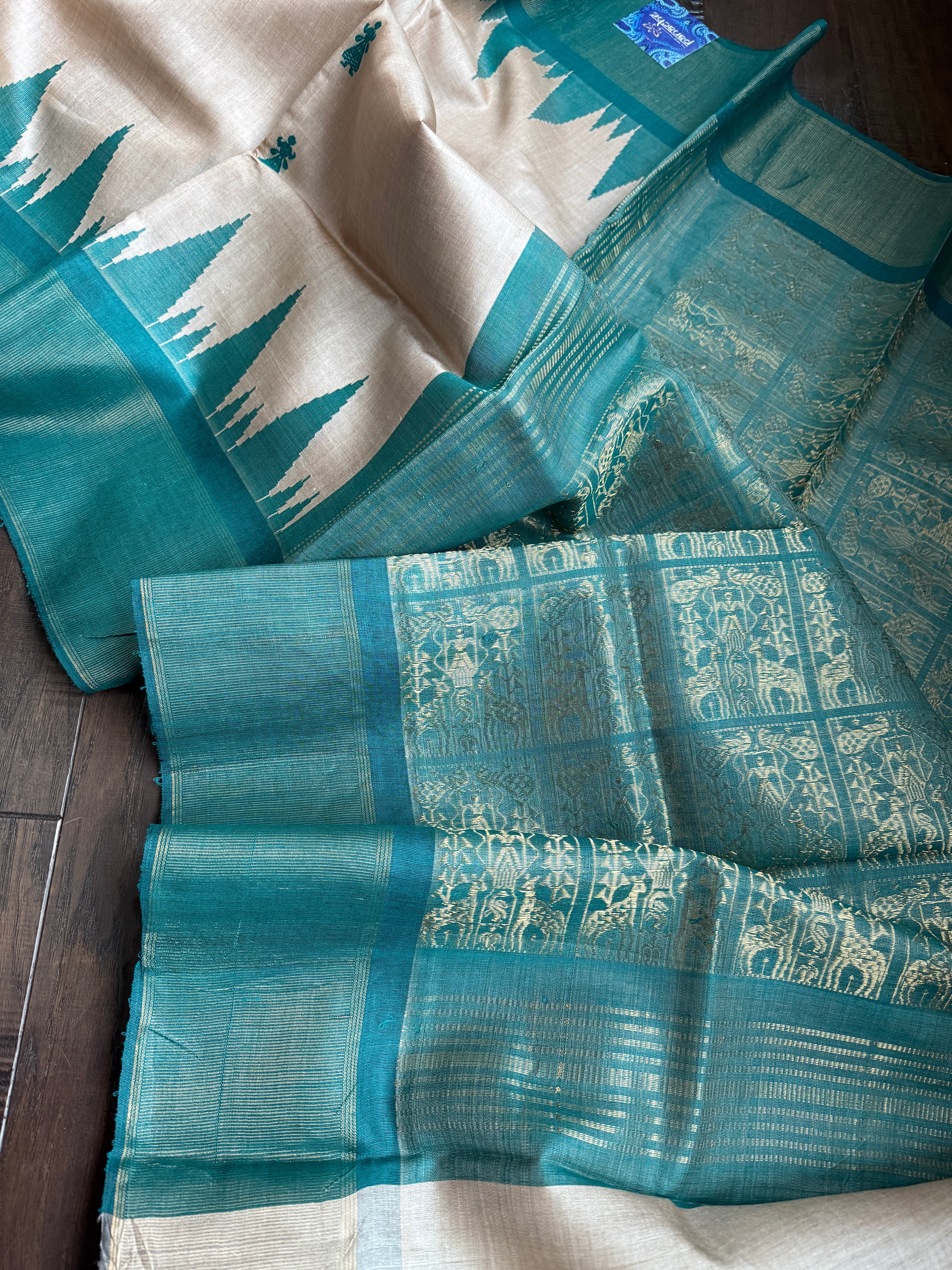 Pure Tussar Silk - Beige Teal Green
