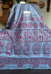 Pure Tussar Silk Kantha Stitch - Grey