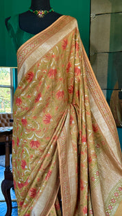 Tussar Georgette Banarasi - Ochre Yellow Green Kadwa