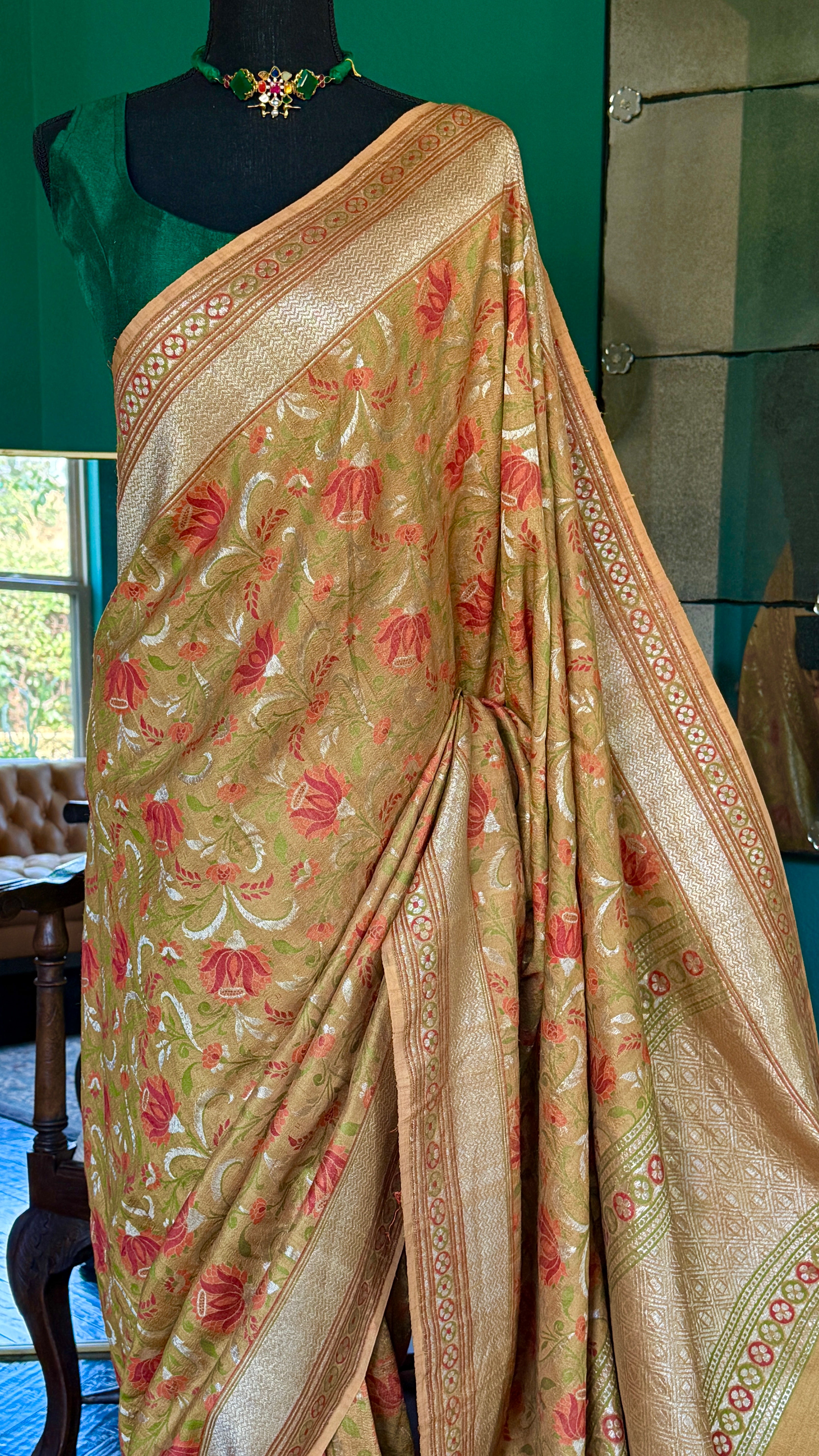 Tussar Georgette Banarasi - Ochre Yellow Green Kadwa