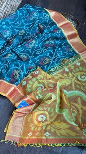 Pure Cotton Silk Ikat - Teal Green Orange