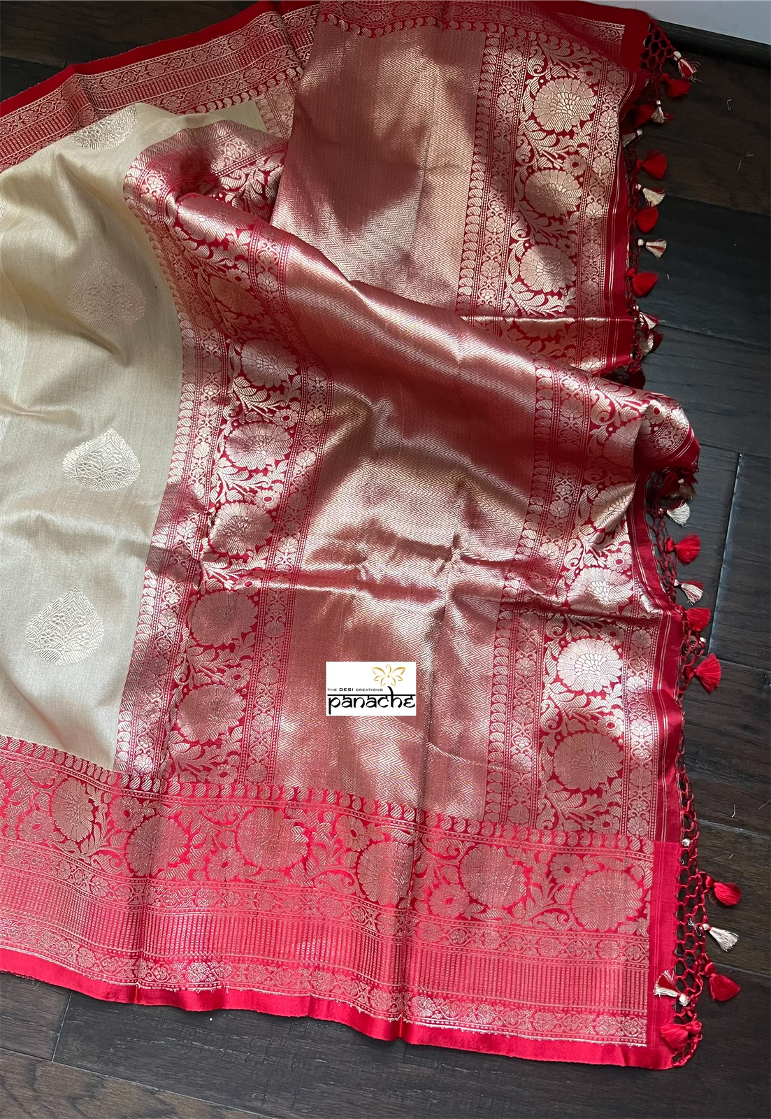 Tussar Silk Banarasi - Tan Beige Red