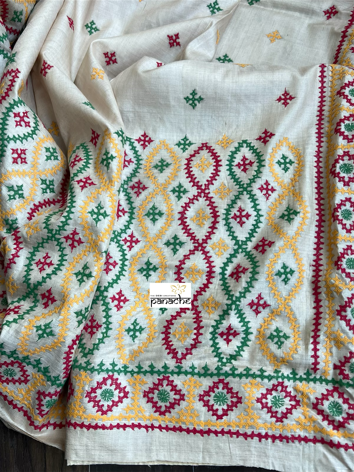 Pure Tussar Silk Gujrati Stitch - Tussar Color Green Red