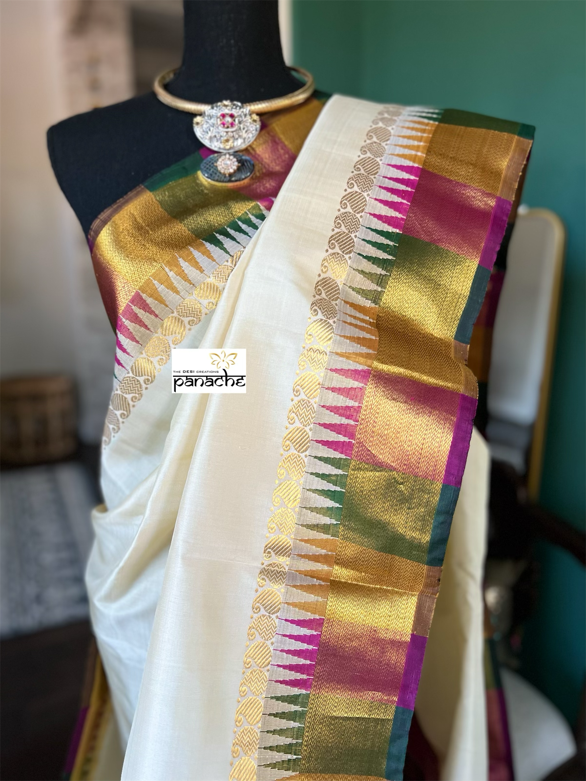 Silk Kanjivaram - Cream Purple Rangkat