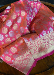 Pure Silk Banarasi - Pink Orange Dual shaded Antique Zari