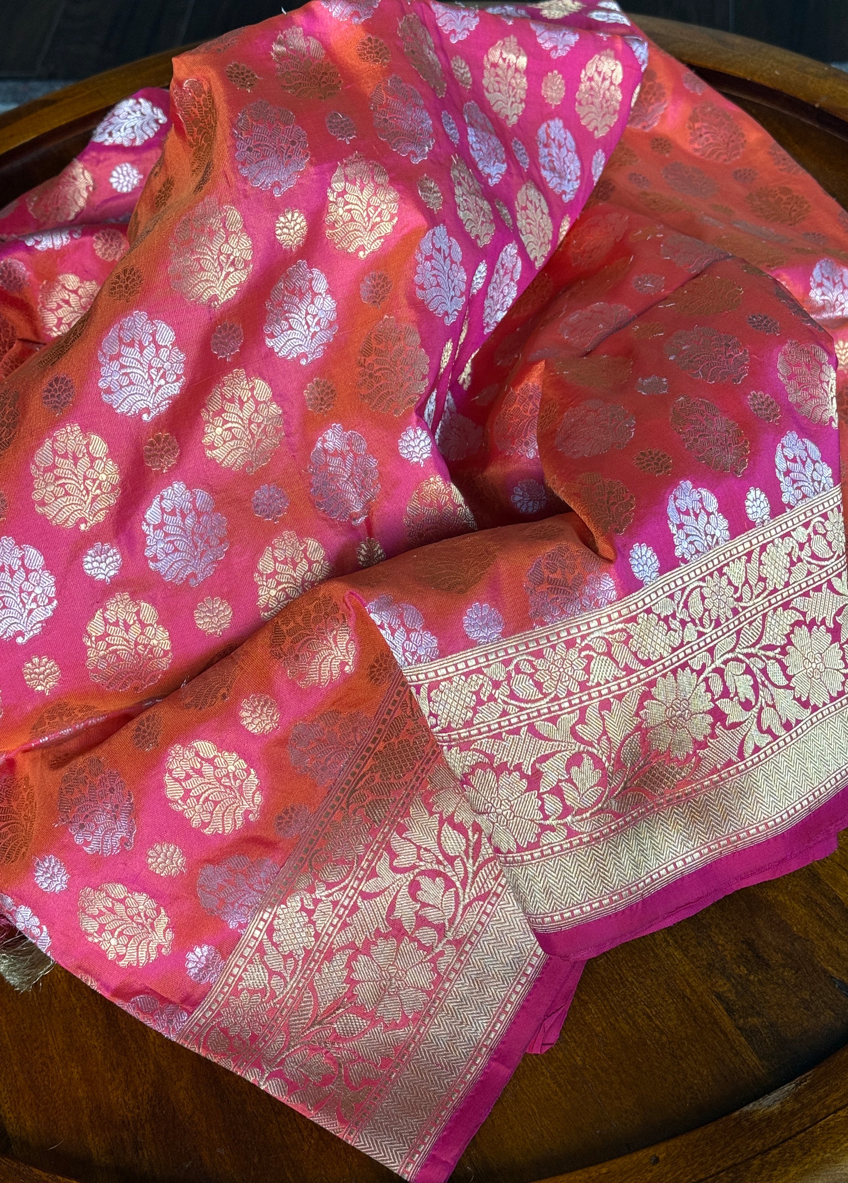 Pure Silk Banarasi - Pink Orange Dual shaded Antique Zari