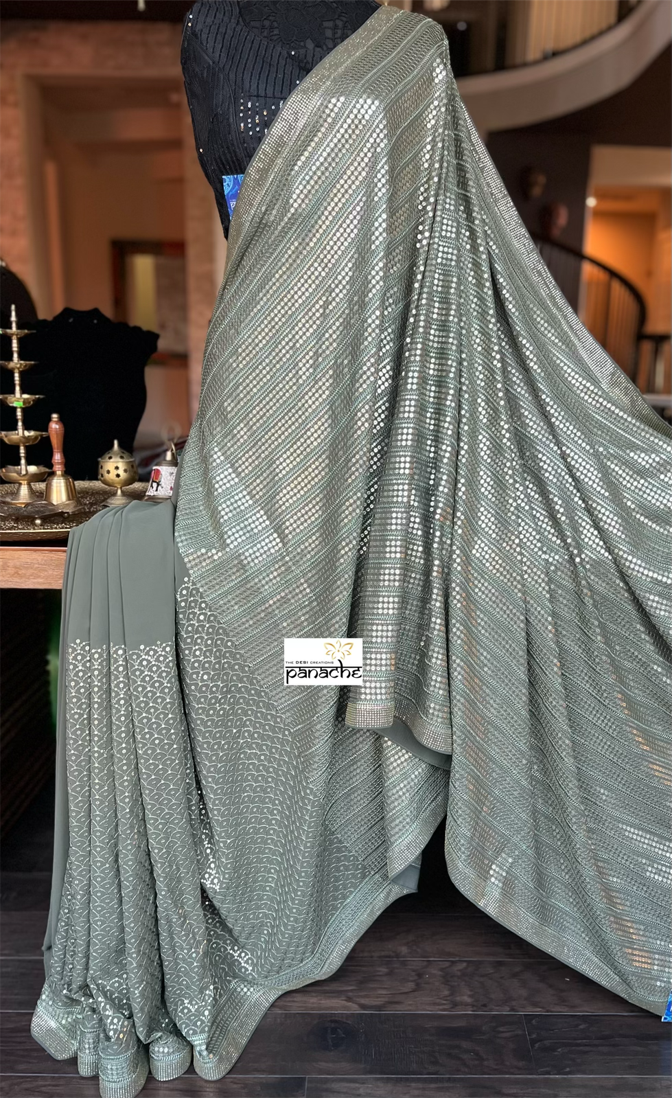 Designer Sequin Georgette - Light Moss Green Sequin work