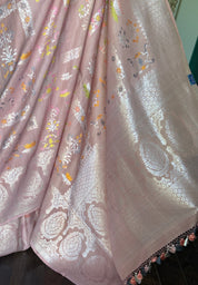 Tussar Silk Banarasi- Light Blush Pink Silver Zari