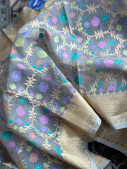 Pure Kora Silk Jamdaani Banarasi - Grey Golden Antique Zari