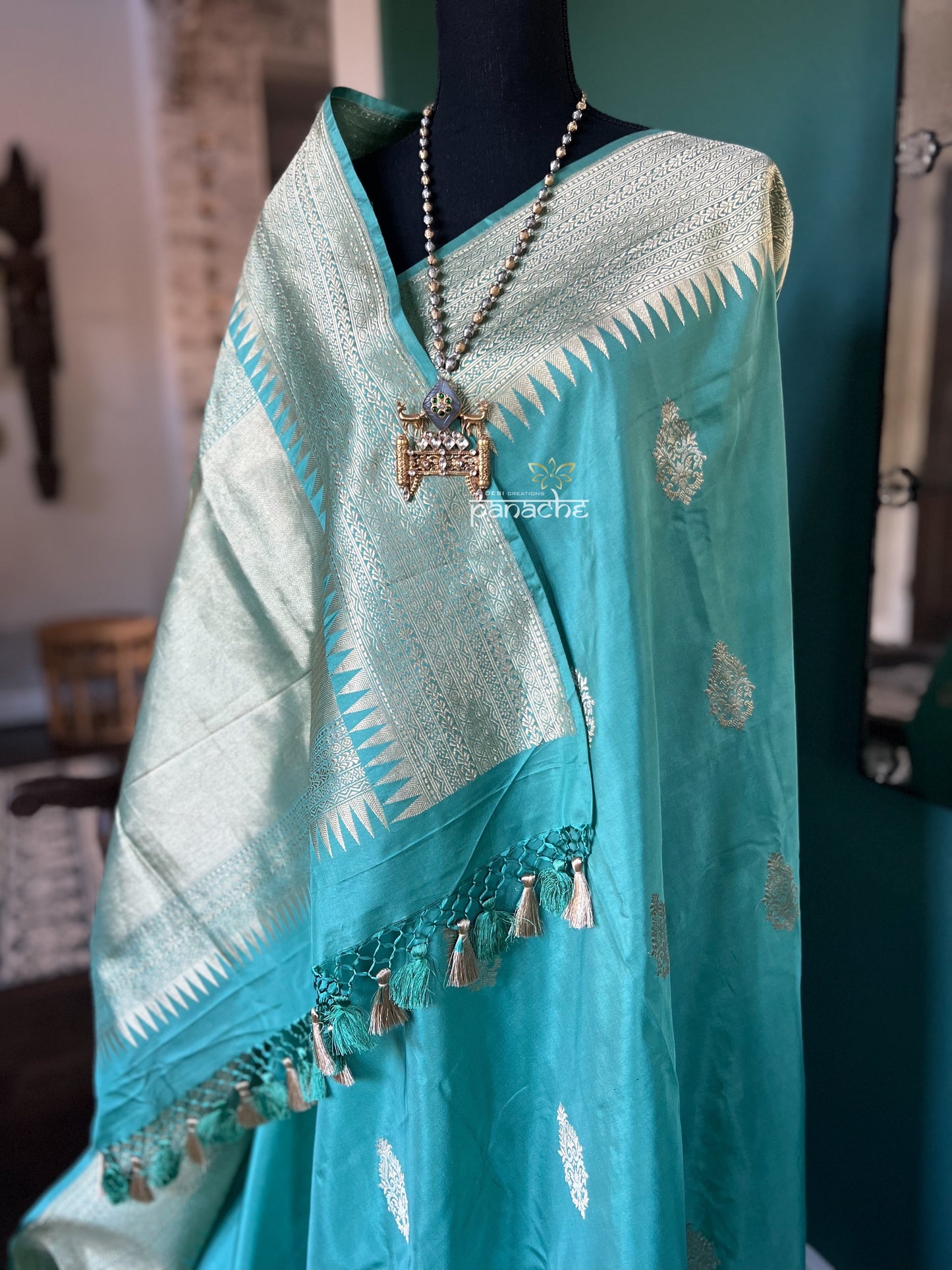Pure Katan Silk Banarasi - Aqua Sea Green Antique Zari