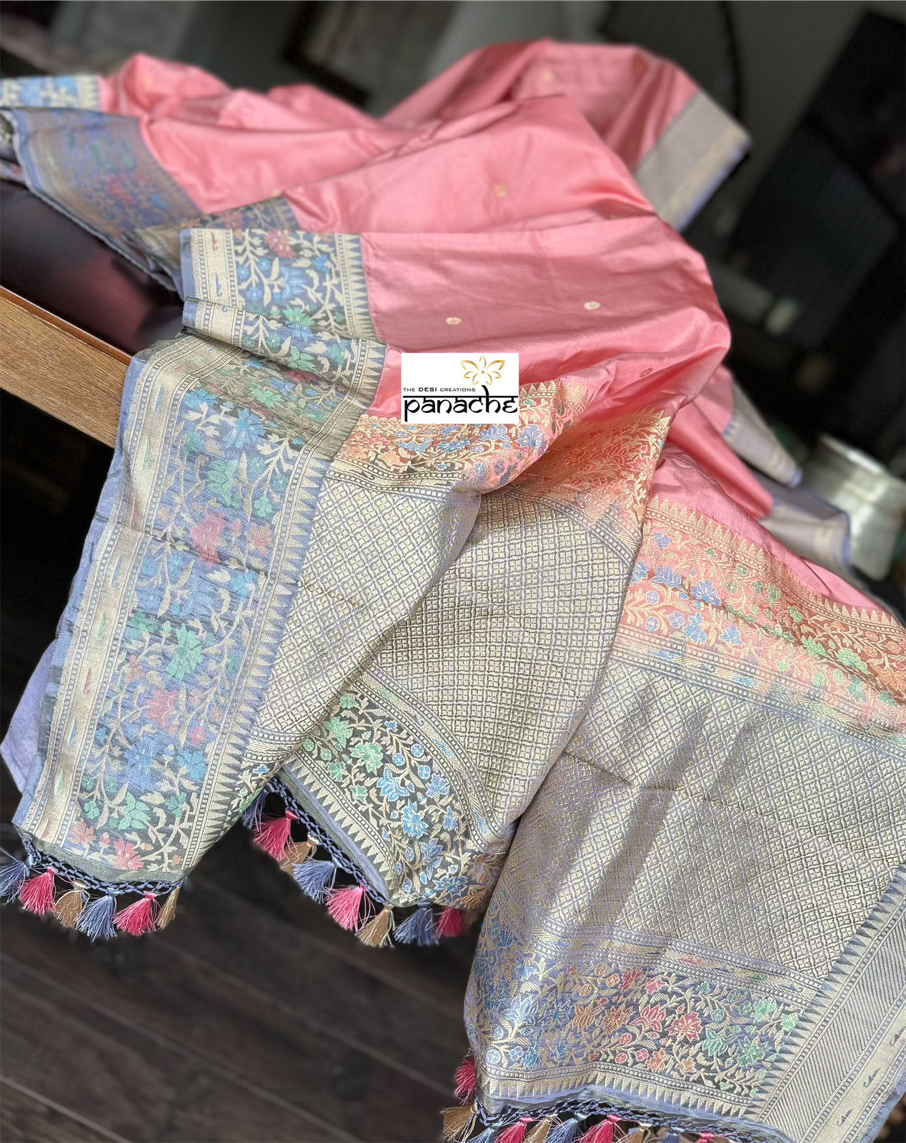 Pure Silk Paithani Banarasi- Pink Grey Tilfi
