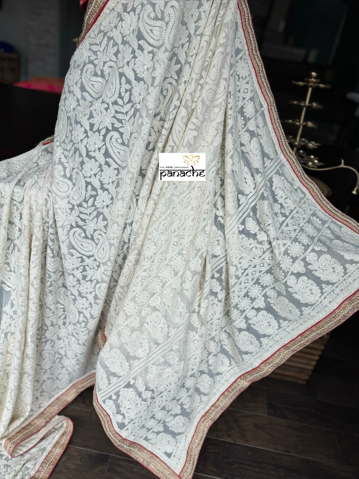 Designer Pure Georgette Chikankari - Ivory Paisley Gota Patti