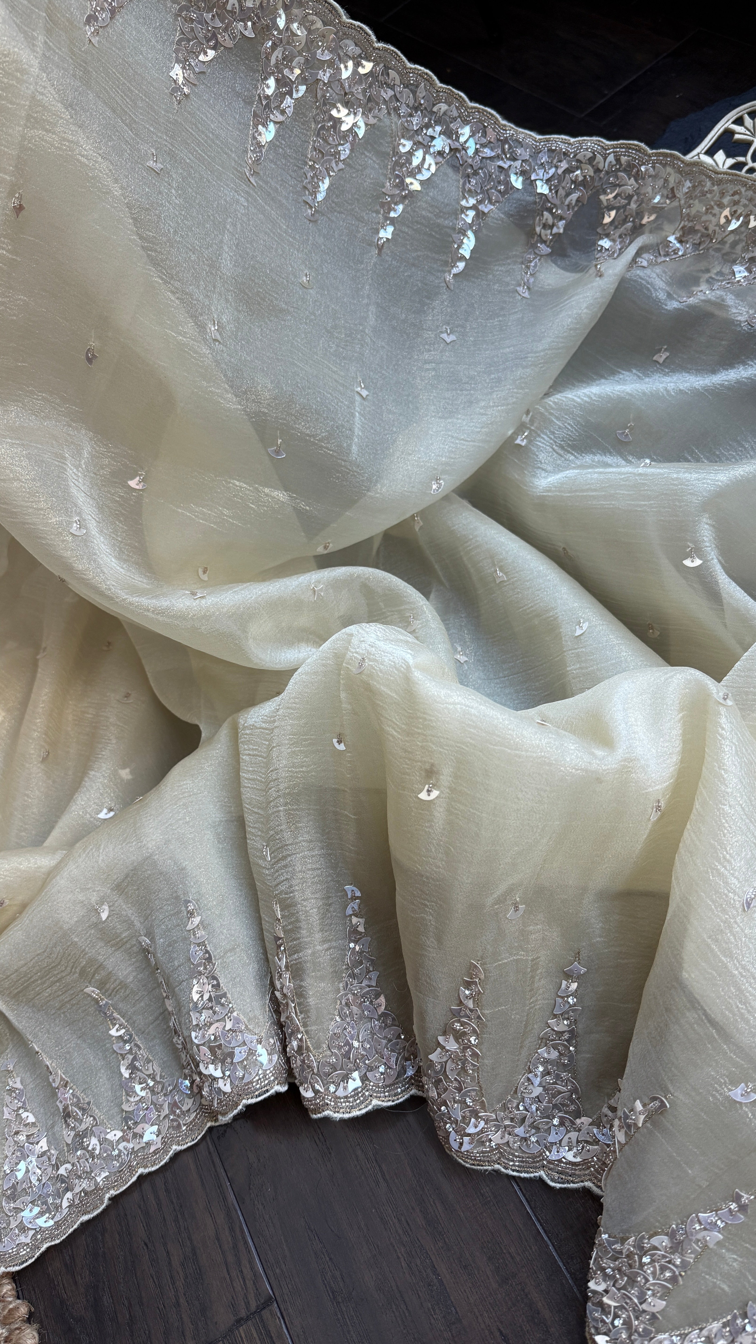 Designer Crushed Chiffon - Light Butter Yellow Sequin Hand Work