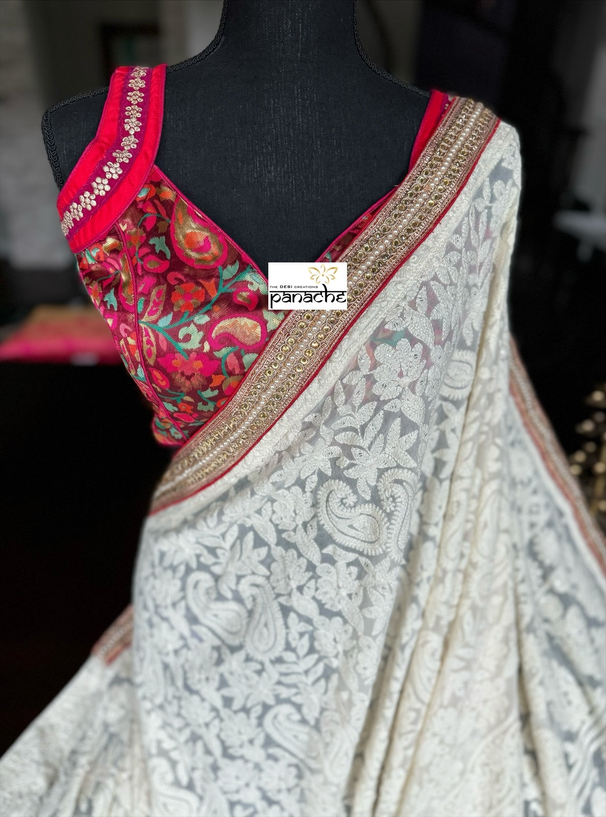 Designer Pure Georgette Chikankari - Ivory Paisley Gota Patti
