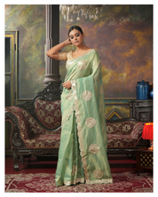 Designer Crushed Tissue Georgette - Sea Green Hand Pitta Work