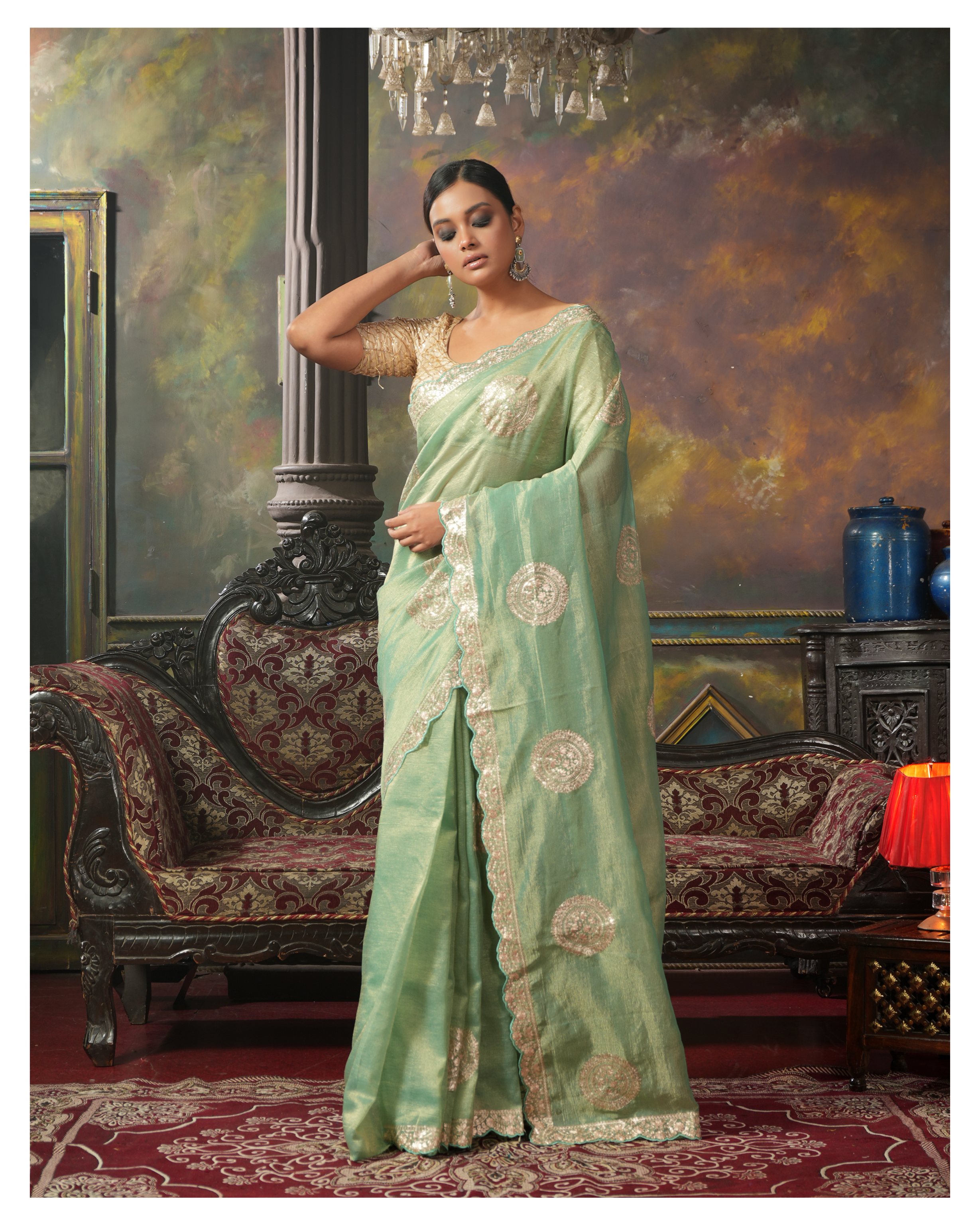 Designer Crushed Tissue Georgette - Sea Green Hand Pitta Work