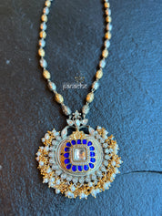 Silver Long Necklace - Blue Kundan Pendant