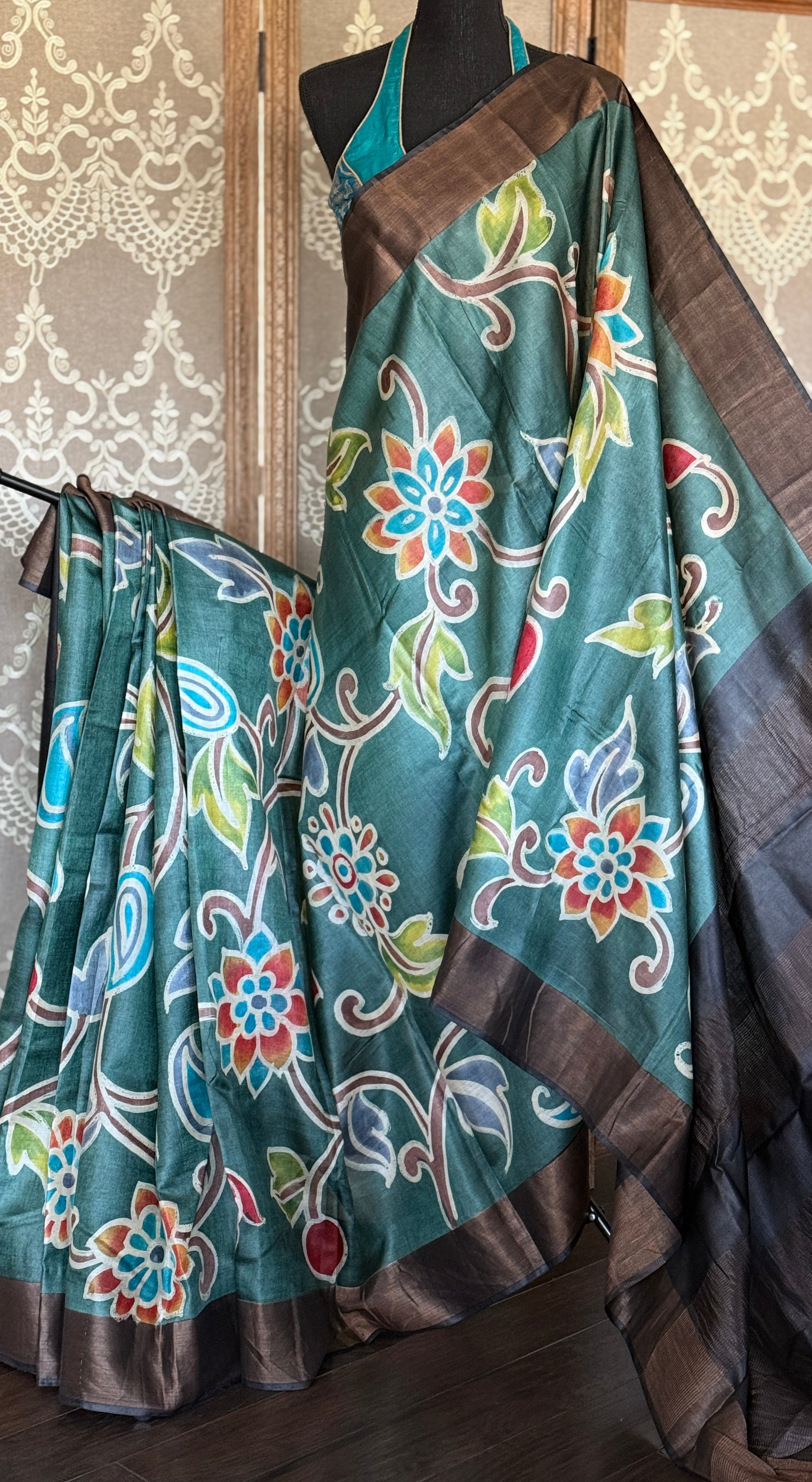 Pen Kalamkari Tussar Silk - Teal Hand-painted