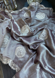 Designer Crushed Tissue Georgette - Brown Hand Pitta Work