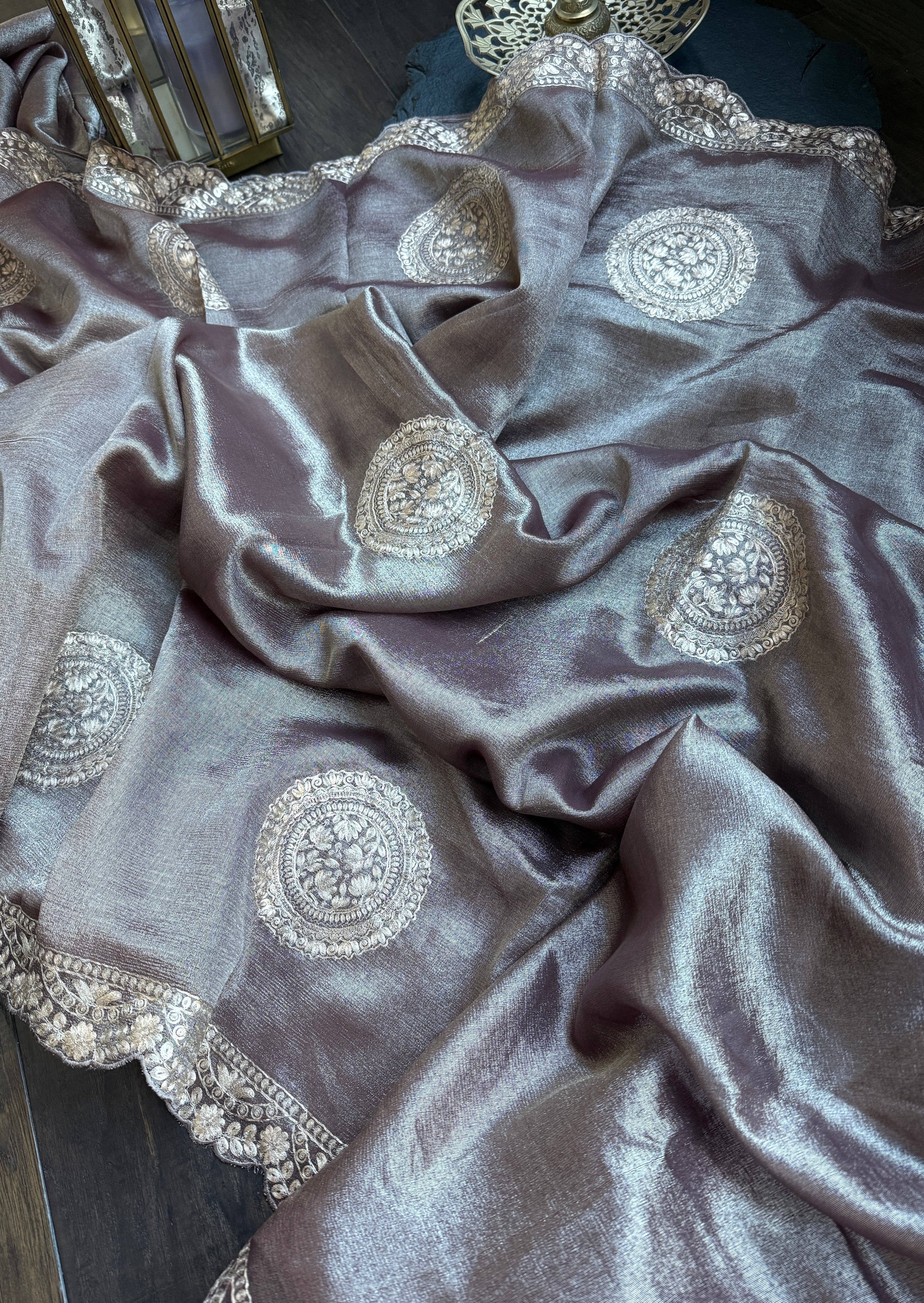 Designer Crushed Tissue Georgette - Brown Hand Pitta Work
