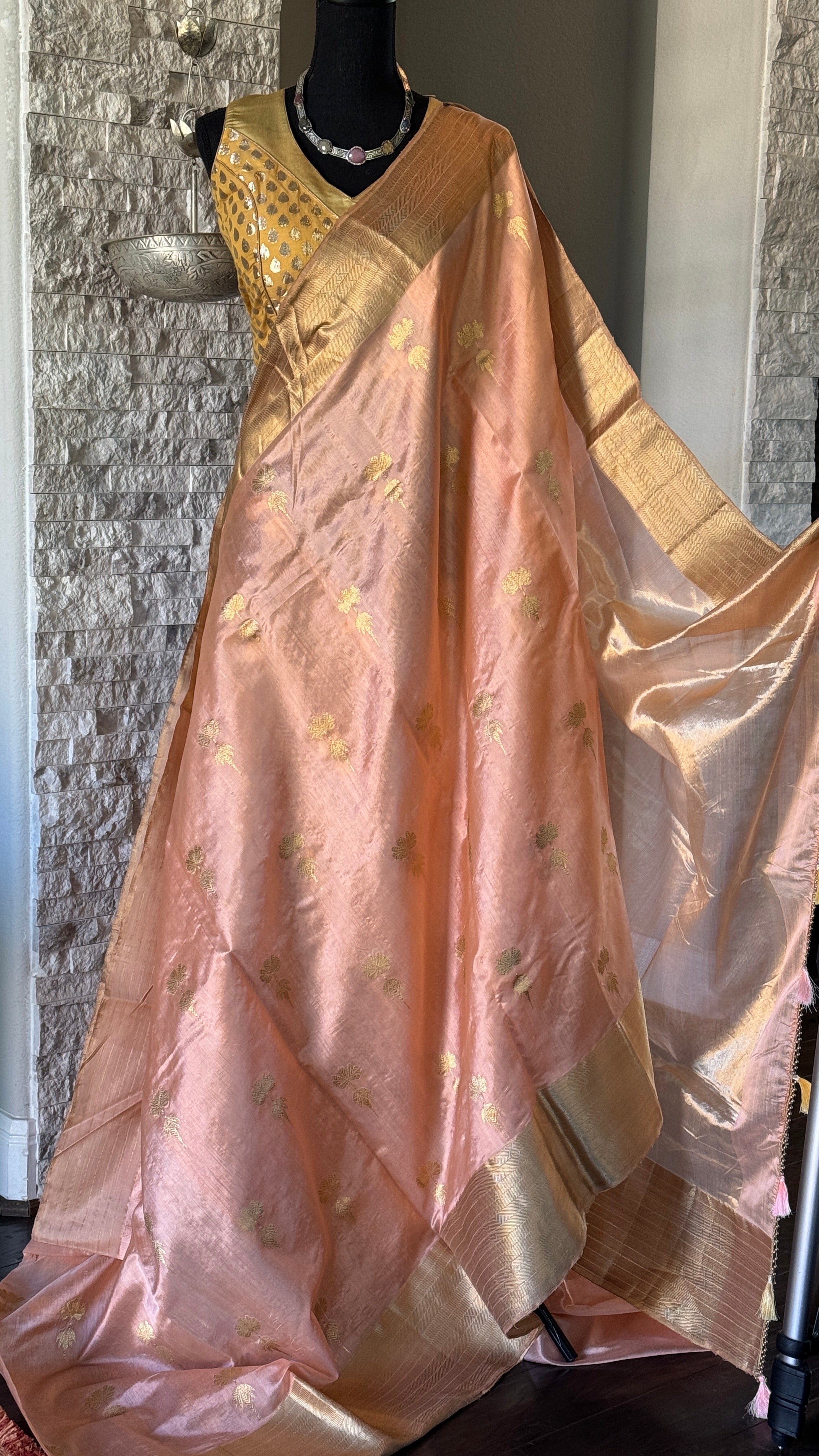 Pure Chanderi Pattu Silk - Peach Eknaliya Woven