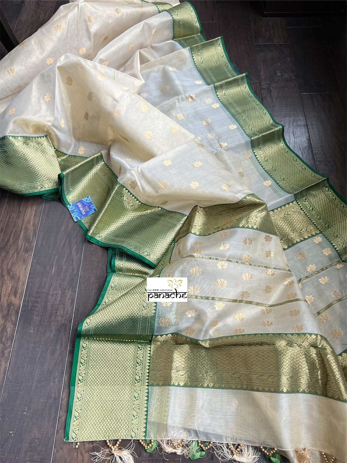 Pure Chanderi Tissue Organza Silk - Golden Beige Green Iknaliya
